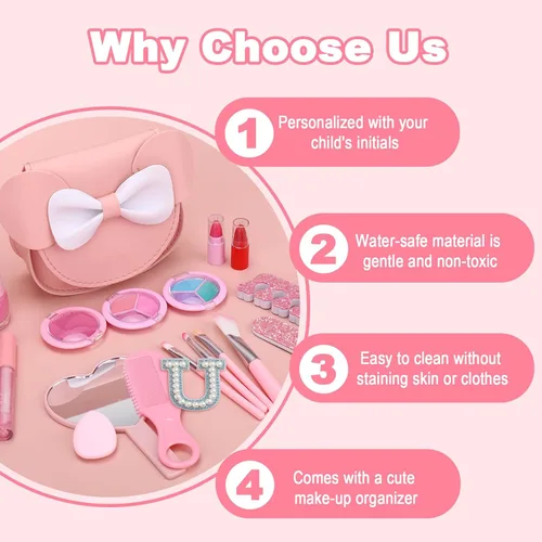Miniatura 4 de Vodolo Maquillaje No Tóxico para Niñas Pequeñas, Juegos de Maquillaje Real Seguros para Niñas de 3-8 Años con Bolsa con Inicial U, Kit de Maquillaje