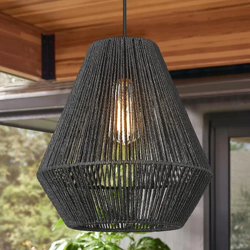 Miniatura 10 de Lámparas Colgantes Tejidas, ELYONA Lámpara Colgante Costera de Granja de 7 pulgadas con Pantalla de Cesta de Ratán Tejida a Mano en Negro Mate