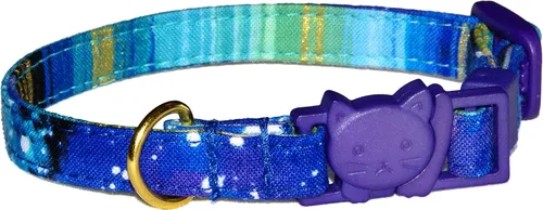 Collar de gato con galaxia, Cosmos de azul y morado, 100% algodón, 3/8 pulgadas de ancho, 2 tamaños, hebilla de seguridad separable, hecho a mano