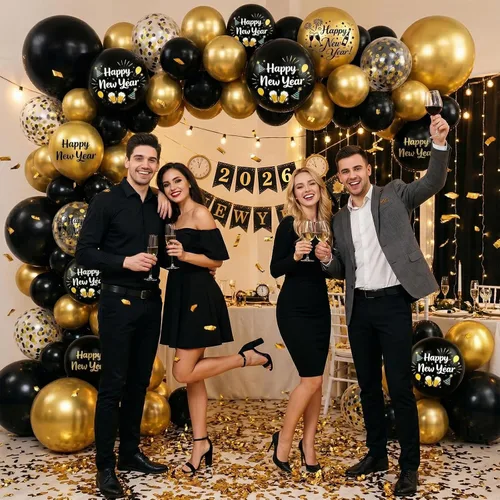 Miniatura 7 de Globos de Feliz Año Nuevo, 50 PCS 12 Pulgadas 2026 Globos Negro Dorado, Globos de Confeti Impresos de Año Nuevo para Decoraciones de Fiesta 2026