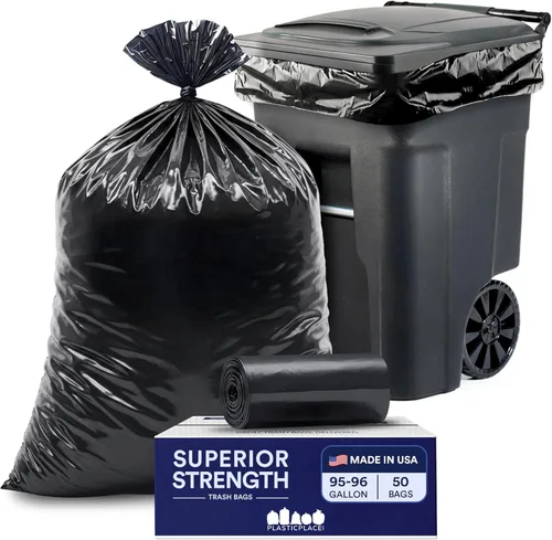 Plasticplace - Bolsas de basura negras resistentes de 1.5 milésimas de pulgada de grosor para contenedores de 95-96 galones │ 61" x 68" (50