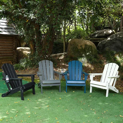 Miniatura 7 de Silla Adirondack plegable con soporte para tazas, silla de exterior de HDPE resistente a la intemperie, silla de césped de grano de madera para Negro