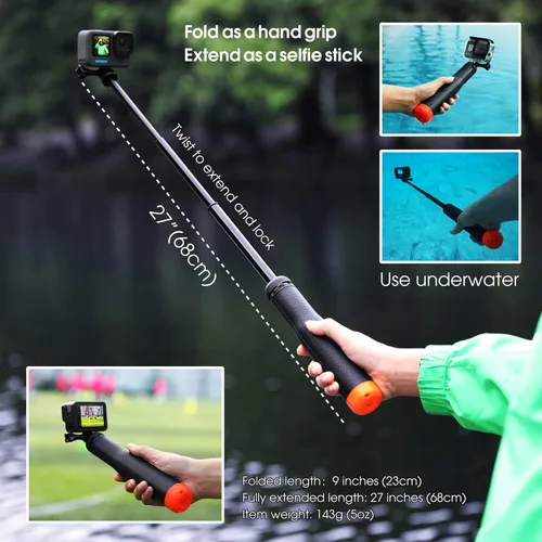 Miniatura 5 de SOONSUN Trípode flotante para selfie stick 4 en 1 para GoPro Hero 13 12 11 10 9 8 7 6 5 4 3, Max, AKASO, Osmo Action 3/4/5 Pro Cámara – Como Rojo
