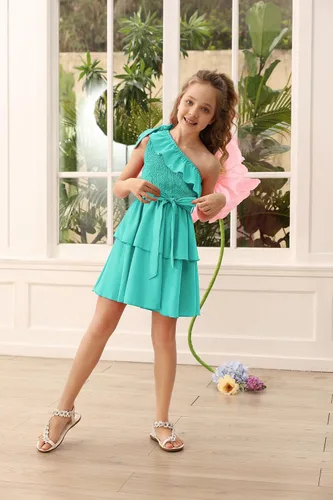 Miniatura 3 de Danna Belle Vestido de fiesta de verano para niñas, con un hombro, volantes, escalonado, ropa de regalo, tallas 5-14
