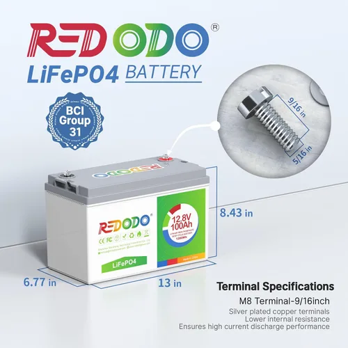 Miniatura 2 de Redodo Paquete de 4 baterías LiFePO4 de 12 V 100 Ah, baterías de ciclo profundo con BMS de 100 A, baterías del grupo 31 para 10 años de vida útil