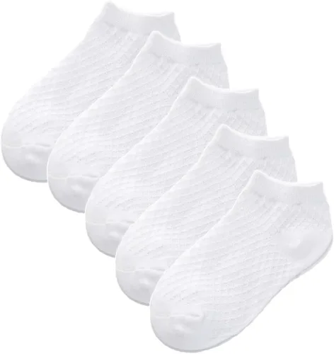 Looching Paquete de 5 calcetines delgados de malla para bebés, niñas y niños, de algodón, color blanco, calcetines de tobillo invisibles 1-8T