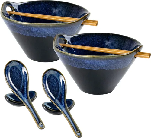Miniatura 12 de UNICASA Juego de 2 cuencos japoneses para ramen con palillos, cucharas y reposos, 26 onzas, para fideos de porcelana profunda, Udon, Pho, ensalada