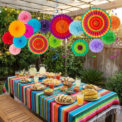Miniatura 7 de Juego de 35 piezas de decoración para fiesta con abanicos de papel - Pom Poms del Cinco de Mayo, banderines, guirnaldas, pancartas, remolinos