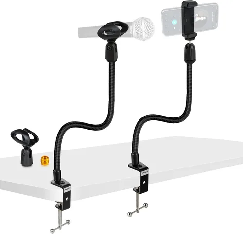 Miniatura 8 de Soporte de micrófono de escritorio de 13 pulgadas flexible con cuello de cisne para micrófono, soporte universal para micrófono/teléfono