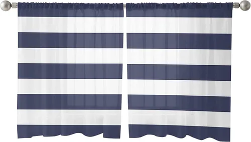 Miniatura 3 de Cortinas transparentes de rayas azules y blancas de 45 pulgadas de largo, juego de 2 paneles de cortinas semitransparentes con bolsillo para barra