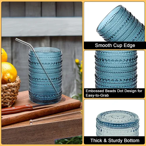 Miniatura 5 de Blue Hobnail - Juego de 6 vasos de vidrio vintage transparente de 15 onzas, vasos altos de vidrio azul vintage para jugo, cerveza, cóctel, leche