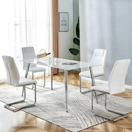 Miniatura 11 de Juego de mesa de comedor en blanco y negro de 51 pulgadas para 4, mesa de cristal minimalista moderna y 4 sillas tapizadas de piel sintética