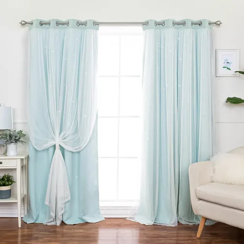 Miniatura 13 de Best Home Fashion Par de cortinas opacas con revestimiento de tul y corte láser, paneles de ventana con ojales plateados para dormitorio, habitación