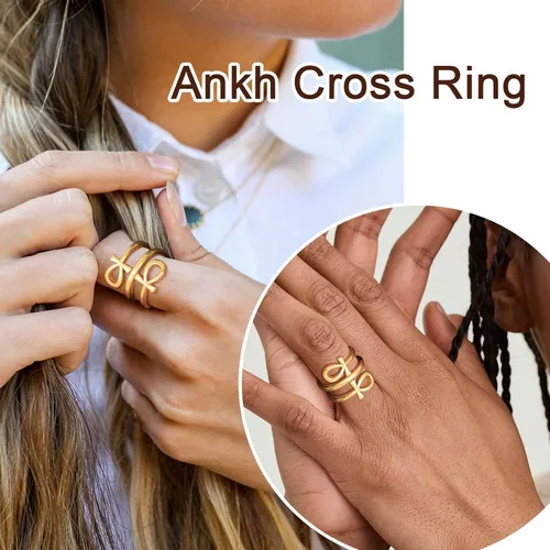 Miniatura 2 de ChainsProMax Puede grabar anillos de cruz Ankh para hombres y mujeres, anillo de mitología de joyería egipcia, acero inoxidable, chapado en oro