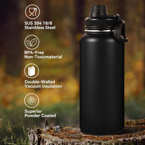 Miniatura 3 de Neihepal Botella de agua aislada de 32 onzas con 2 tapas (tapa con pajilla y boquilla), botellas de agua de doble pared de acero inoxidable 18/8