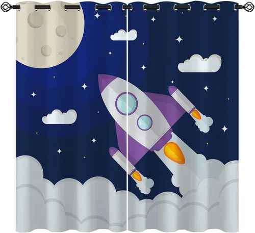 Cortinas opacas con diseño de cohetes de dibujos animados para niñas y niños, decoración del hogar, aventura en el espacio, galaxia, planetas, azul,