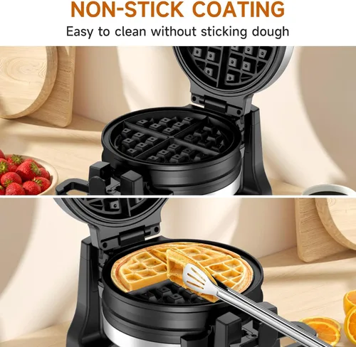 Miniatura 5 de Waflera, Waflera Belga Doble con Giro de 180°, Plancha para Wafles de 1400W para 8 Rebanadas, Placas Giratorias y Antiadherentes con Bandeja
