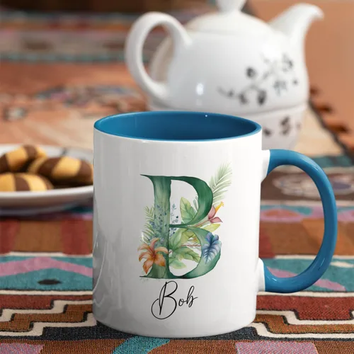 Miniatura 2 de Taza de cerámica blanca con monograma de letra inicial personalizada, alfabeto floral, nombre personalizado y inicial A-Z, taza de café de 11 onzas