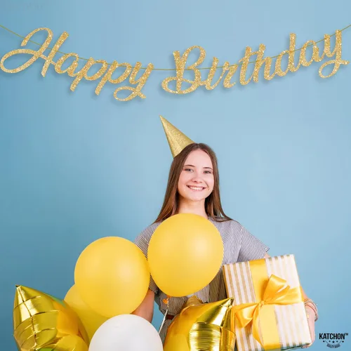 Miniatura 9 de KatchOn, Cartel de feliz cumpleaños cursivo dorado con purpurina – pre-encordado, 10 pies Decoraciones de cumpleaños para mujeres, hombres y niñas