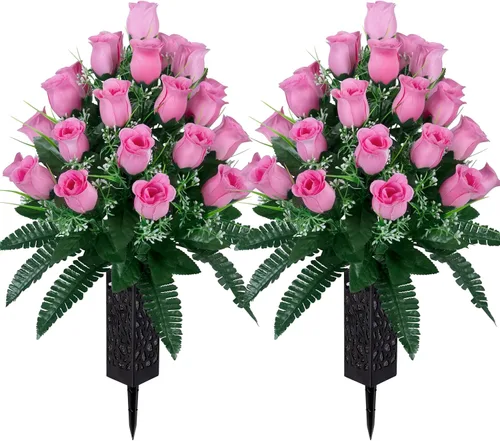 Miniatura 11 de LVXINLI 2 juegos de flores artificiales para cementerios, decoraciones de tumba al aire libre con rosas, hermosos arreglos florales con jarrón