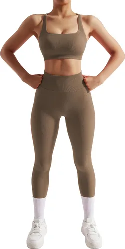 Miniatura 2 de OMKAGI Conjunto de entrenamiento acanalado para mujer, sin costuras, brasier deportivo con tiras y levantamiento de glúteos