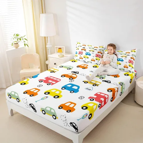 Miniatura 9 de Juego de sábanas de coche de dibujos animados para niños, niños, adolescentes, decoración de dormitorio, sábanas de taxi autobús con sábana bajera