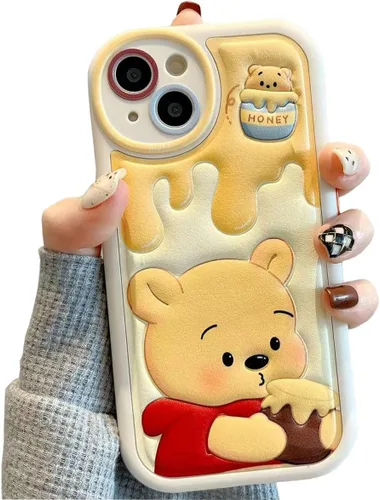 Compatible con iPhone 15 Plus, Funda de Dibujos Animados, Funda Kawaii de Oso Lindo de Silicona 3D con Correa, TPU Suave, Protectora y a Prueba de