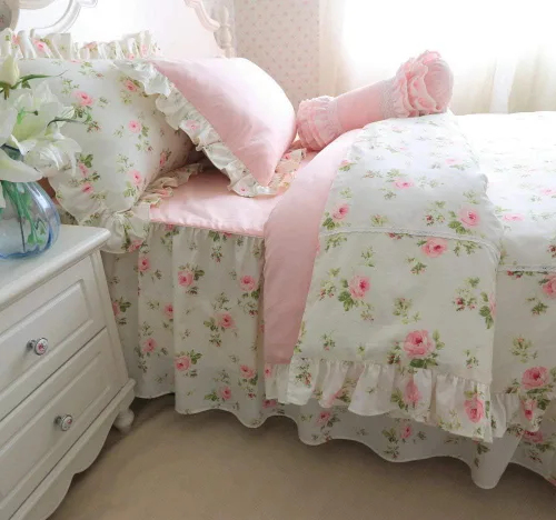 Miniatura 12 de FADFAY Juego de ropa de cama floral estilo campestre francés con estampado de pájaros azules, colección de faldas de cama, 800 hilos por pulgada