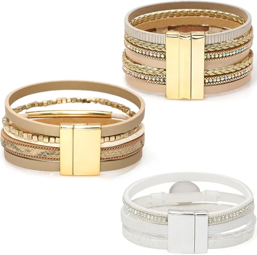 Miniatura 5 de Wovanoo Juego de 3 pulseras de cuero con cierre magnético, pulseras trenzadas para mujeres y niñas