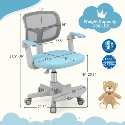 Miniatura 3 de HONEY JOY Silla de escritorio para niños, silla de estudio para niños con altura ajustable, reposabrazos/reposapiés, silla giratoria de malla