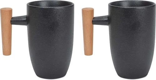 Nat & Jules - Juego de 2 tazas de cerámica con mango de madera, acabado pizarra, 11 onzas
