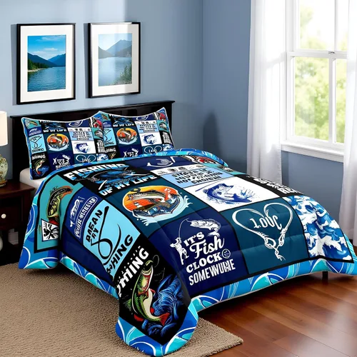 Miniatura 2 de Manfei Go Fishing Juego de edredón tamaño King para niños, juego de ropa de cama con diseño geométrico de peces de bass y rombos, decoración