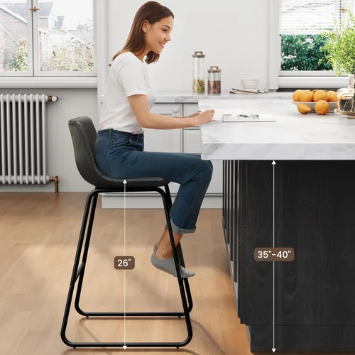 Miniatura 8 de REONEY Juego de 2 taburetes de bar de piel sintética de 26 pulgadas, taburetes de bar modernos con patas de metal y reposapiés, sillas urbanas sin