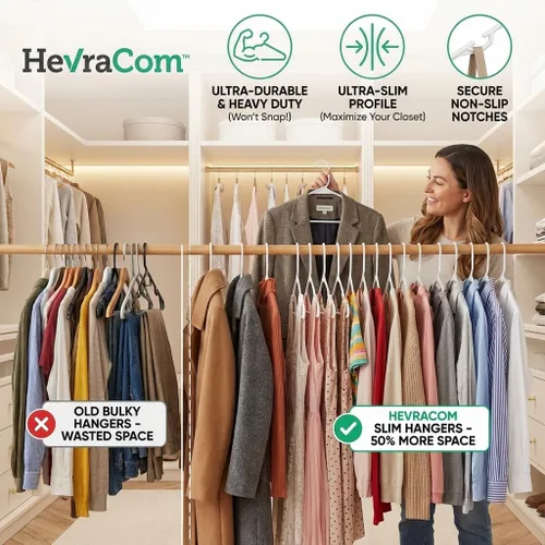 Miniatura 3 de HevraCom Paquete de 50 perchas de plástico color blanco, resistentes y duraderas, antideslizantes, perchas para armario, ahorro de espacio