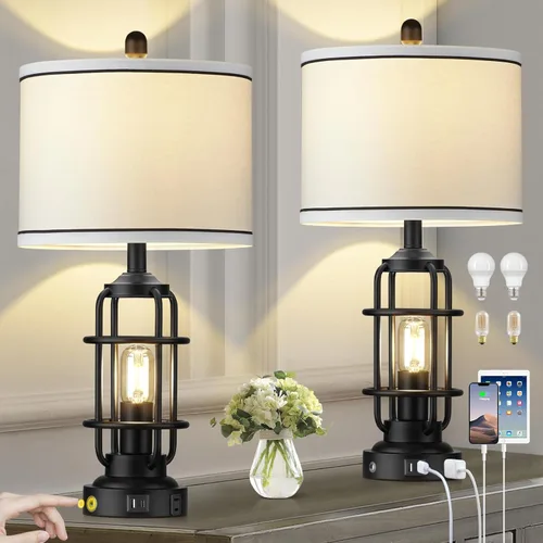 Miniatura 8 de Modern Table Lamps Set of 2, Industrial 3-Way Dimmable Bedside Lamp with USB A+C Ports & AC Outlet, 25" Touch Control Nightstand Lamp LED Night