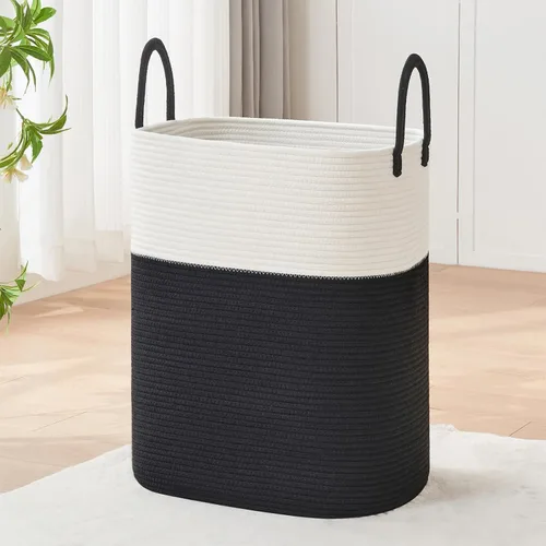 Miniatura 23 de AINUOQI Cesta de Ropa Sucia Grande Cesta de Lavandería con Asas de Cuero, Cesta de Almacenamiento Decorativa de Cuerda de Algodón Tejida para Yute