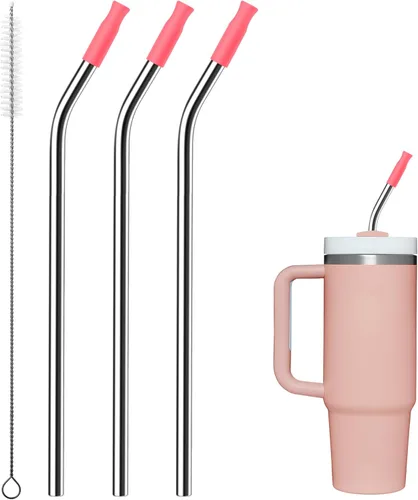 Miniatura 91 de Pajitas de metal rectas para vaso Stanley de 40 onzas, paquete de 3 popotes reutilizables de acero inoxidable con puntas de silicona y cepillo Gris