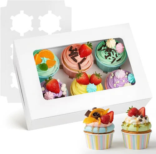 VGOODALL 6 cajas blancas para cupcakes, 6 recipientes para cupcakes con ventana con capacidad para 36 cajas de pastelería para cumpleaños, Blanco-2