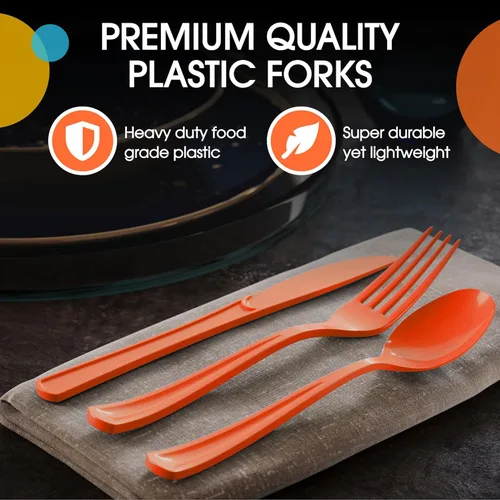 Miniatura 4 de Party Solids Cubiertos de plástico naranja resistentes, 150 piezas, color naranja, desechables, juegos de utensilios, 50 de cada tenedor, cuchillos