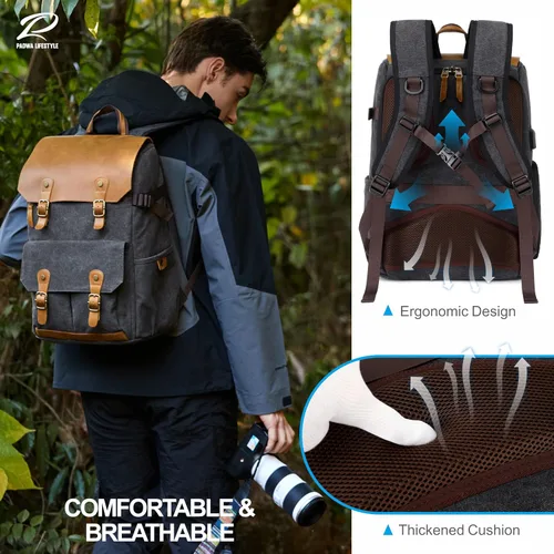 Miniatura 4 de Padwa Lifestyle Mochila para cámara profesional color negro y gris – Retro Crazy Horse Art Bolsa grande para cámara con múltiples cámaras