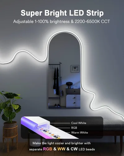 Miniatura 4 de Lumary Luz inteligente RGBAICW de neón para interiores, luces LED de 9.8 pies para dormitorio, funciona con Alexa/Google Assistant, 180 LEDs/m RGB