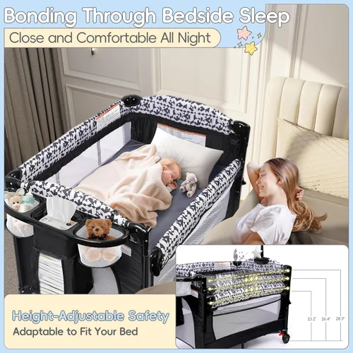 Miniatura 3 de Xilingol Parque de juegos 5 en 1, moisés para bebé con cambiador de pañales junto a la cama, bolsa de almacenamiento y caja de música, cuna portátil