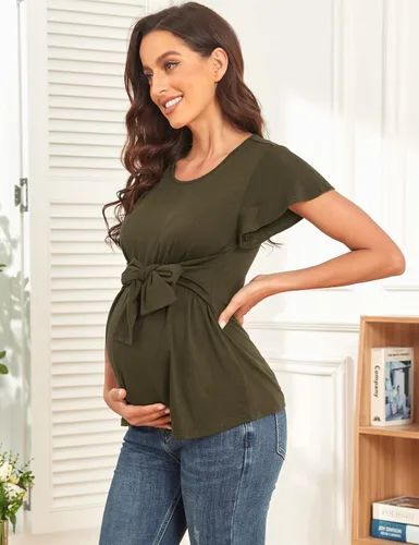 Miniatura 5 de Camisa de maternidad casual con volantes, manga corta, cuello redondo, para embarazo