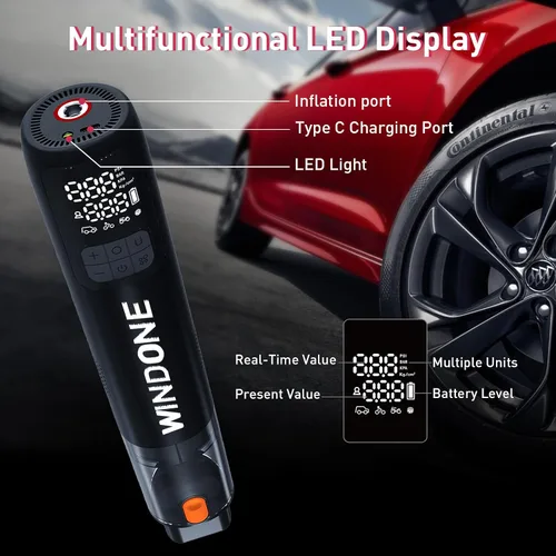 Miniatura 8 de Windone Aspiradora para automóvil, limpiador 2 en 1 de 12000 Pa e inflador de neumáticos de 150 PSI, motor sin escobillas de 60 W, aspiradora