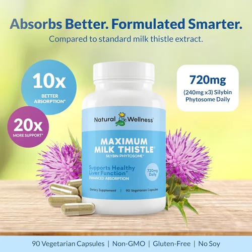 Miniatura 4 de Suplemento máximo de cardo mariano para apoyo hepático - 720 mg de fitosoma de silibina (absorción 10X) - Limpieza hepática desintoxicación