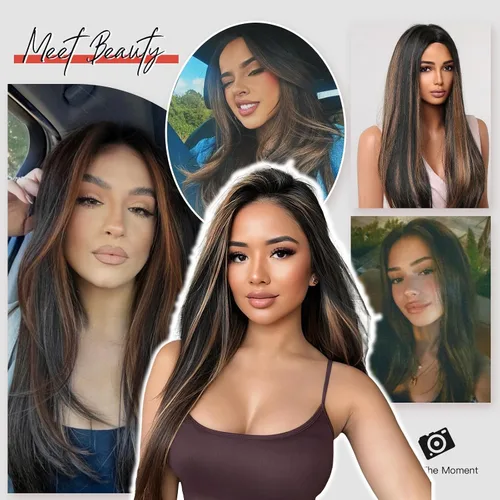 Miniatura 5 de Allbell Pelucas marrones largas negras para mujeres negras, pelucas de cabello lacio castaño oscuro con reflejos rubios, peluca larga de parte