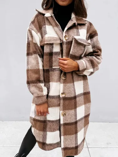 Miniatura 2 de Yousify Chaqueta larga con solapa a cuadros para mujer cepillada con botones y bolsillos