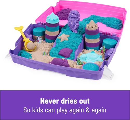 Miniatura 7 de Kinetic Sand, Juego de palacio de sirena con caja de arena plegable de 0,93 kg de arena de juego (morado neón, verde azulado brillante y playa)