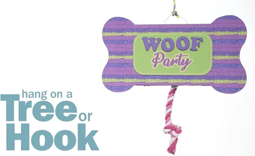 Miniatura 4 de Jokari Woof Party Pull String Dog Toy Pinata. Llena la caja en forma de hueso con las golosinas favoritas de tu cachorro, aperitivos, recuerdos