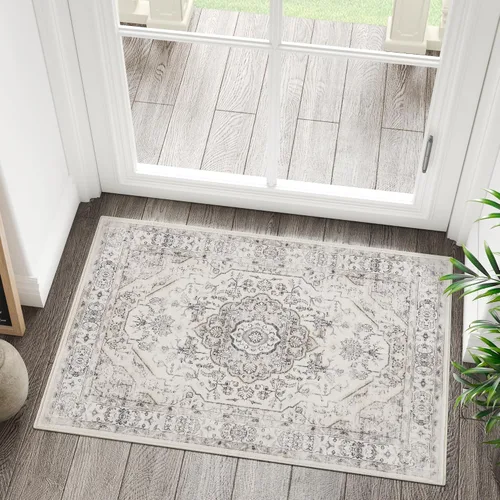 Miniatura 24 de jinchan Alfombra de área pequeña lavable floral vintage, alfombra de entrada simétrica de medio círculo de 2 x 3, alfombra de entrada suave de pelo